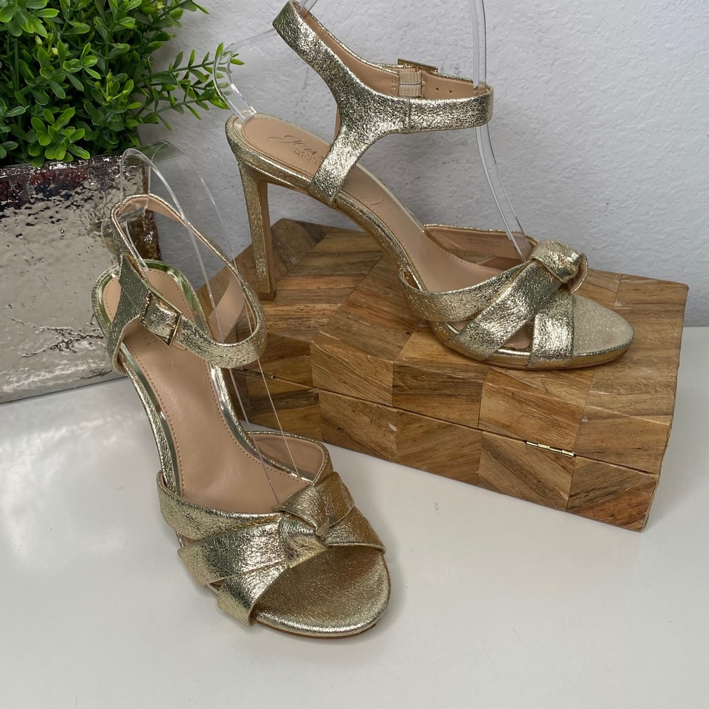 Jewel Badgley Mischka Rhonda Gold Metallic Knot Ankle Strap Stiletto Heels Sz 8